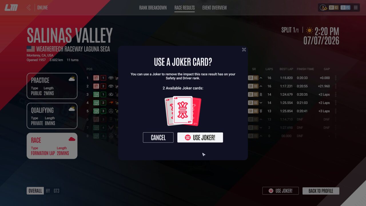 Pantalla del Event Joker para miembros Pro y Pro+ en Le Mans Ultimate V1.4