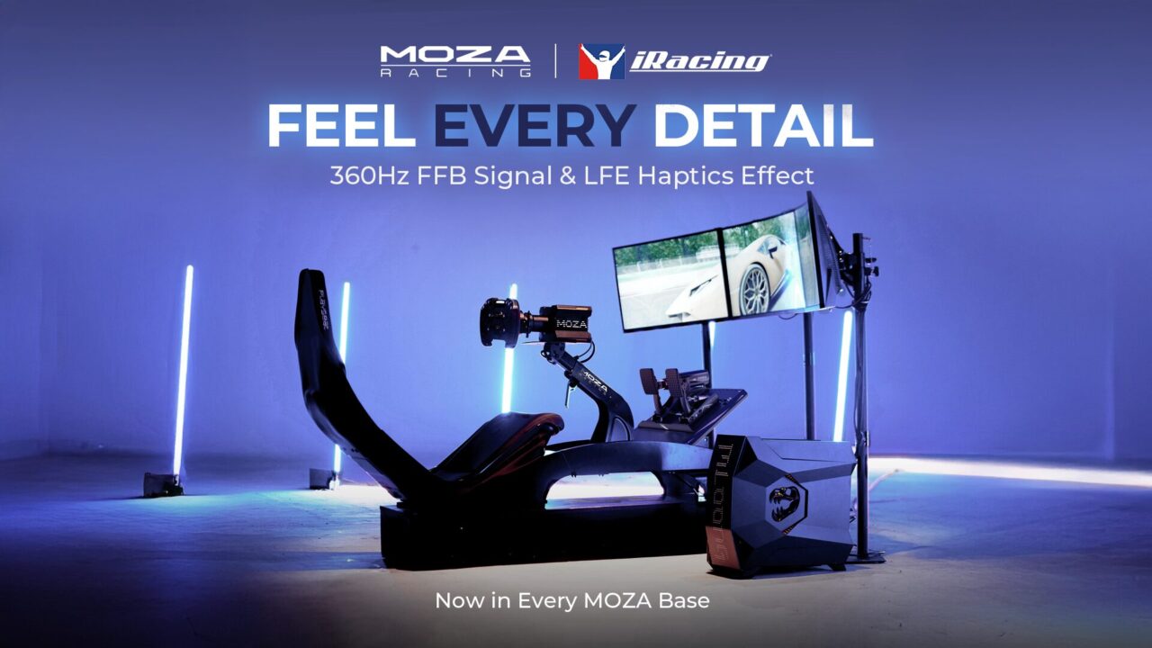 Cockpit MOZA Racing con force feedback de 360Hz y hápticos LFE, disponible en todas las bases