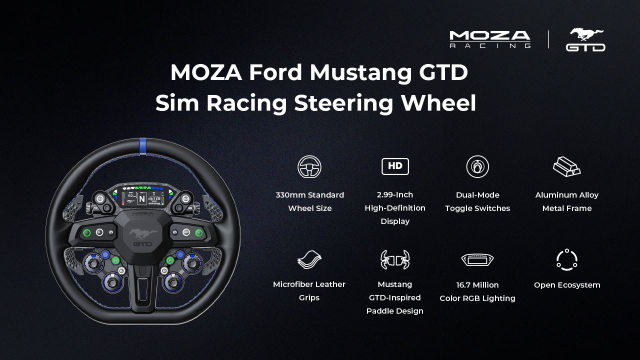 Características del volante MOZA Ford Mustang GTD: 330 mm, pantalla de 2,99 pulgadas y RGB